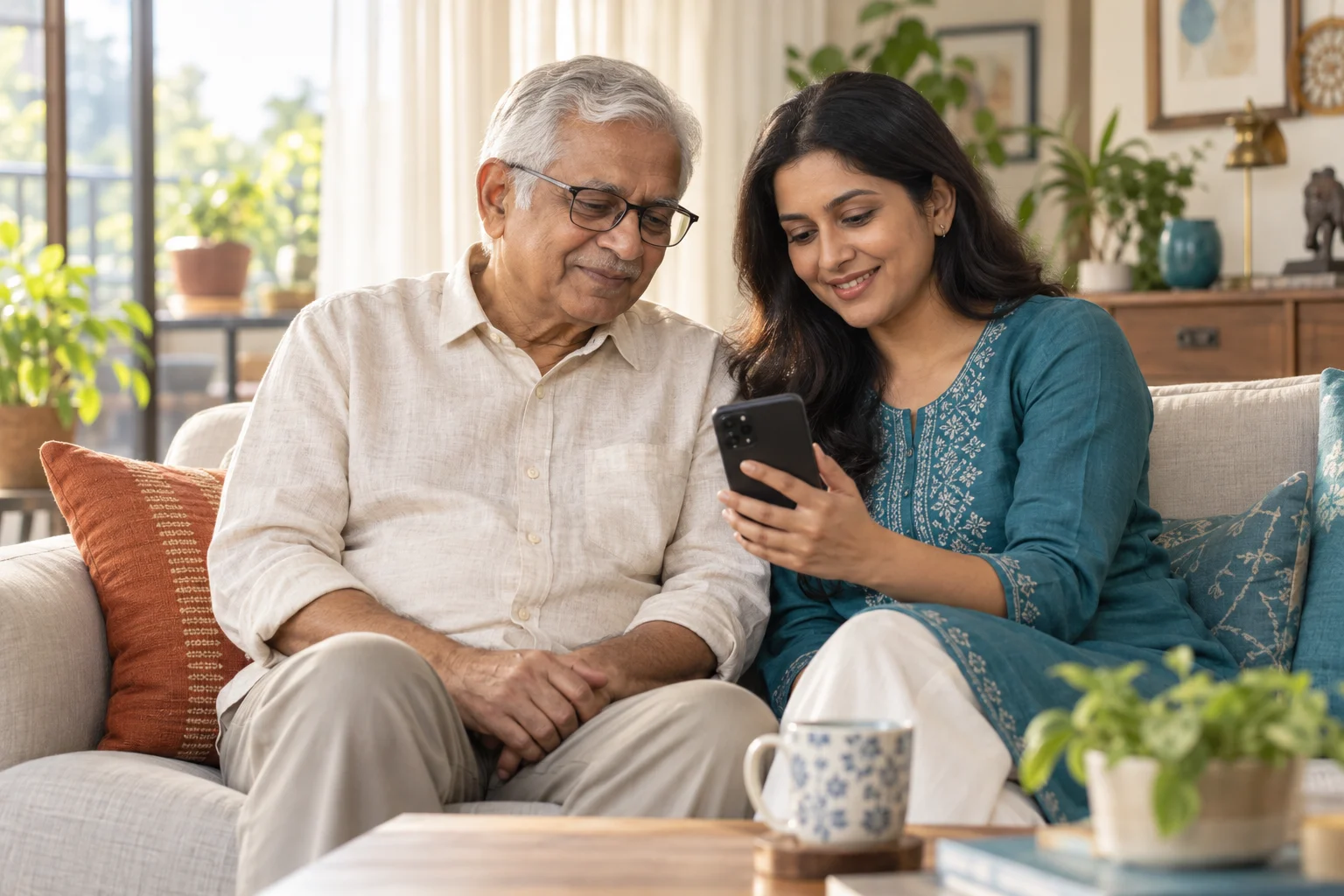 An older adult and his daughter using a phone at home