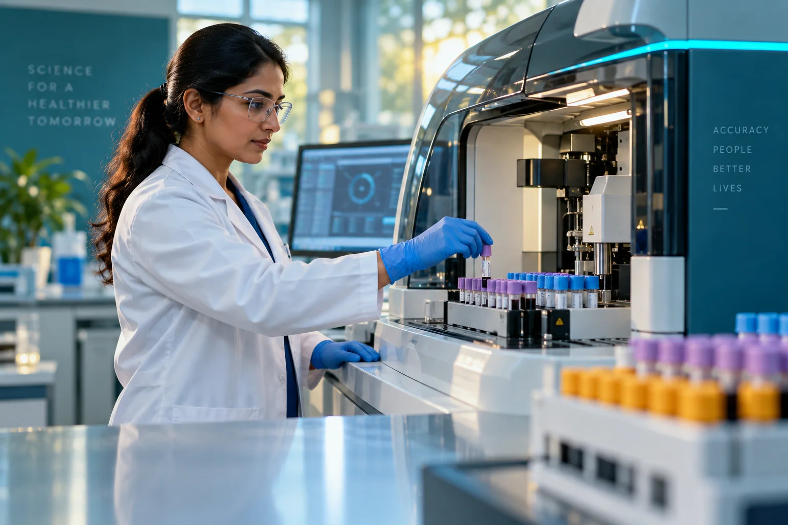 A laboratory scientist working with diagnostic equipment