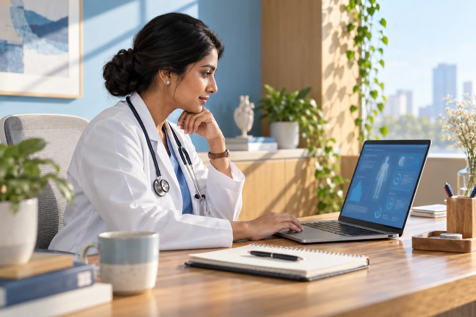 A doctor reviewing a digital care record