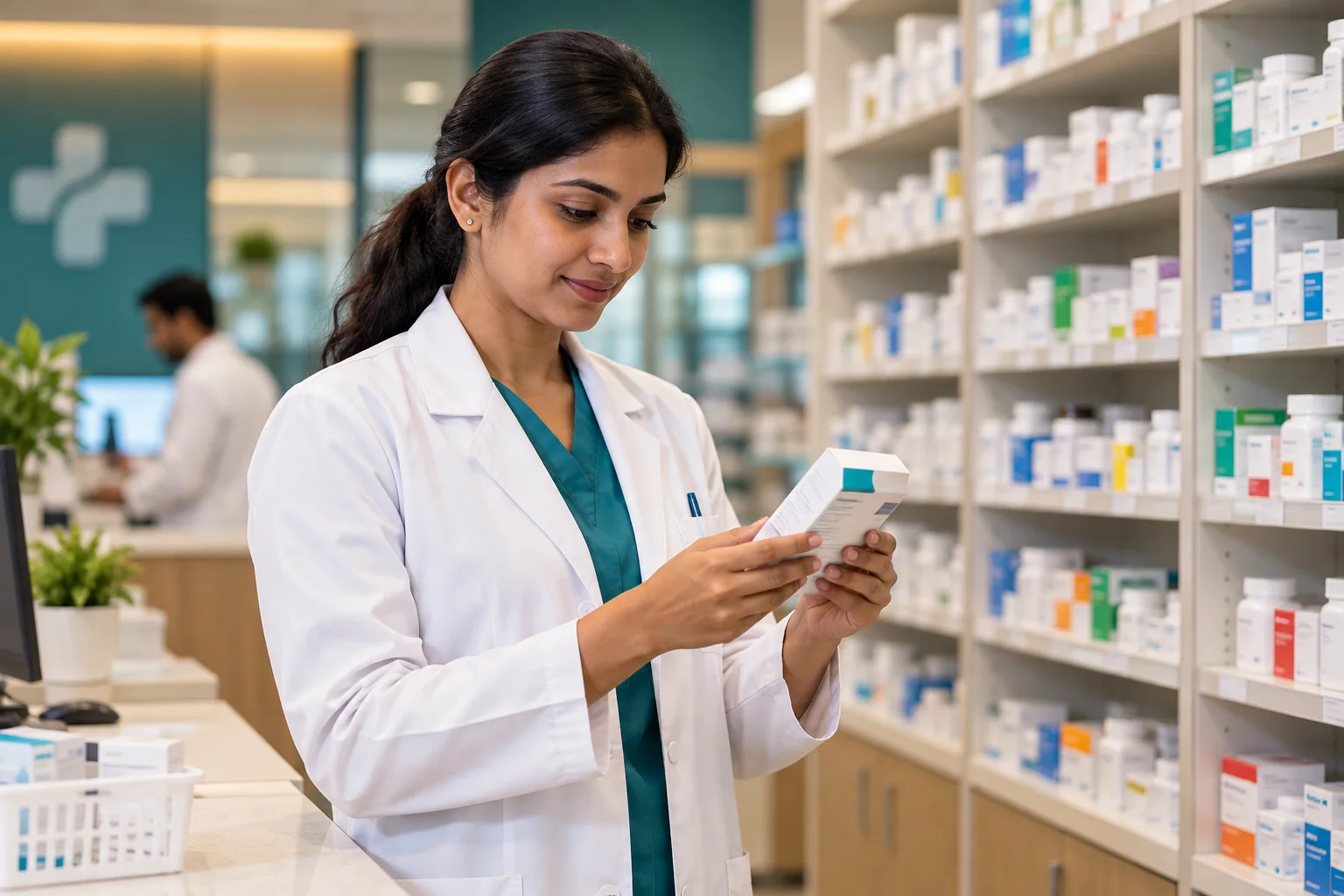 A pharmacist reviewing medicines in a hospital dispensary