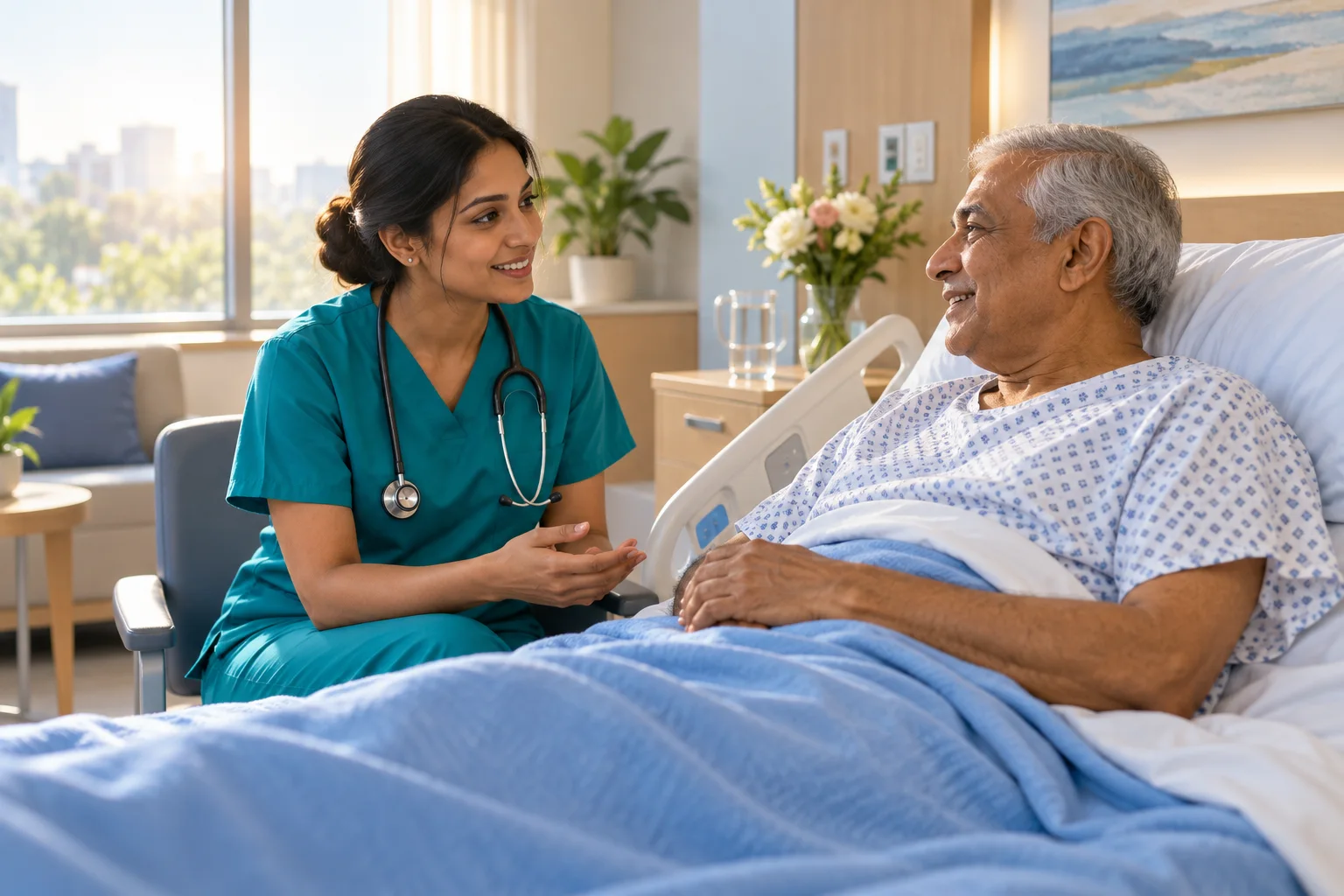 A nurse supporting a patient in a bright hospital room